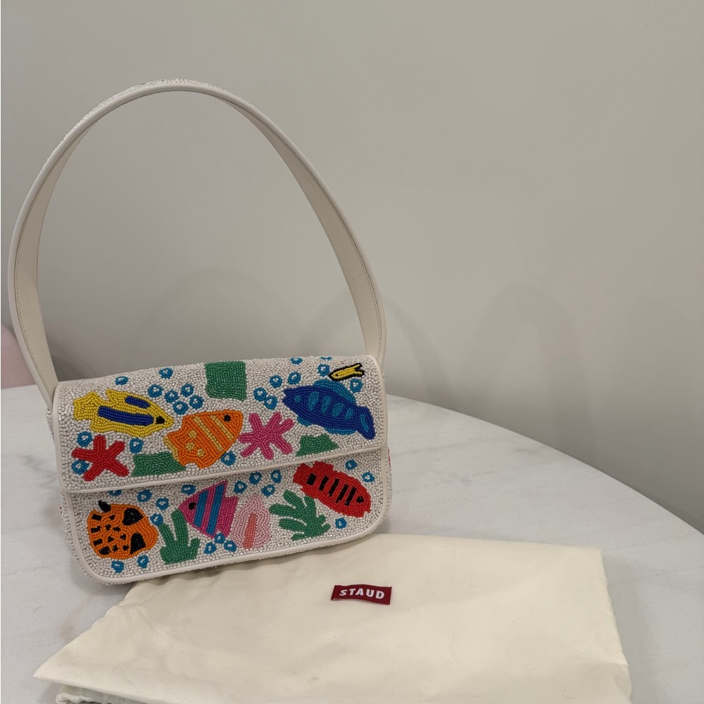 STAUD White Beaded Tropical Fish Shoulder Bag